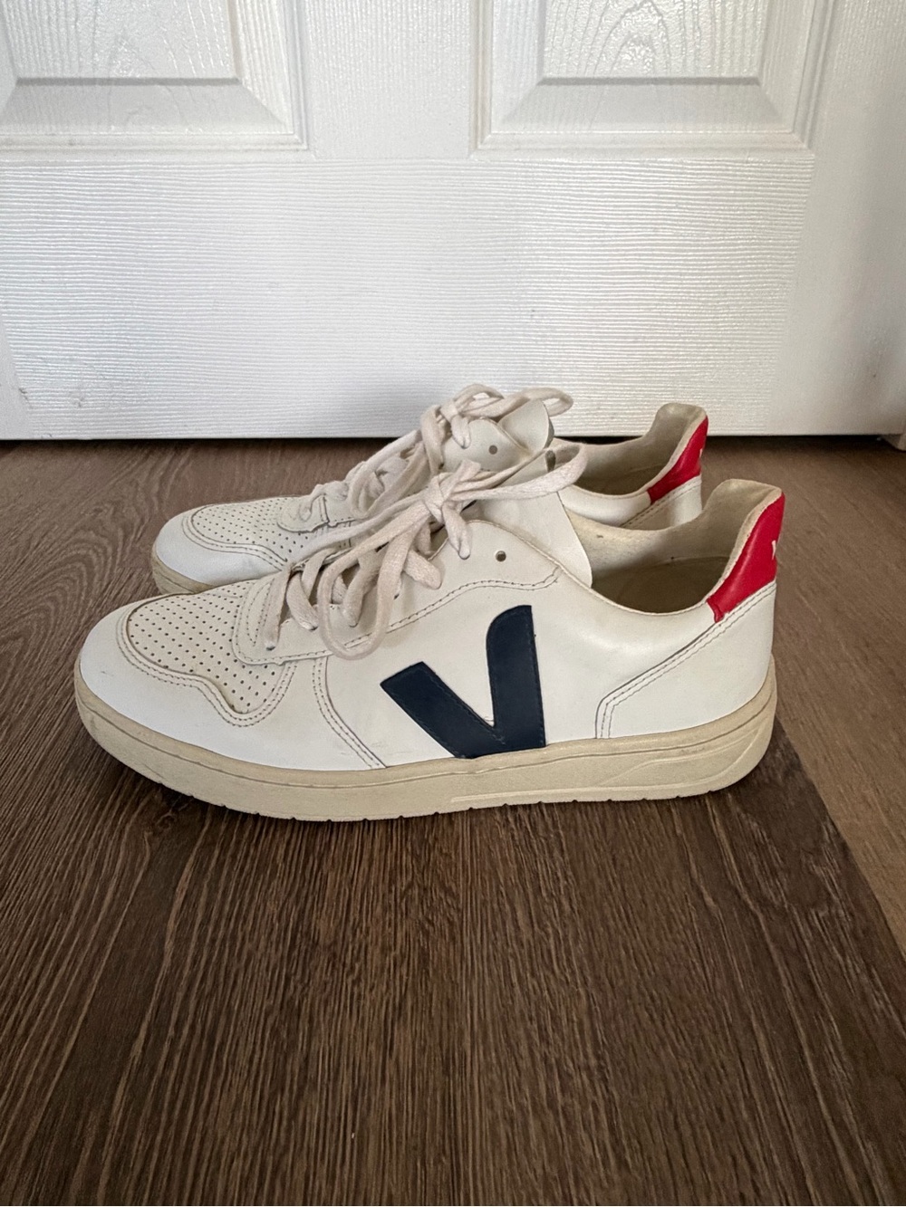 Veja White Leather Sneakers with Navy V and Red Heel